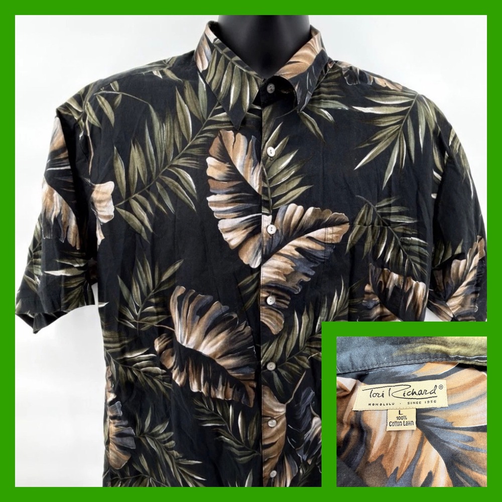 Tori Richard Shirt Mens Large L Cotton Lawn Black Tropical Palm Leaf Made Hawaii